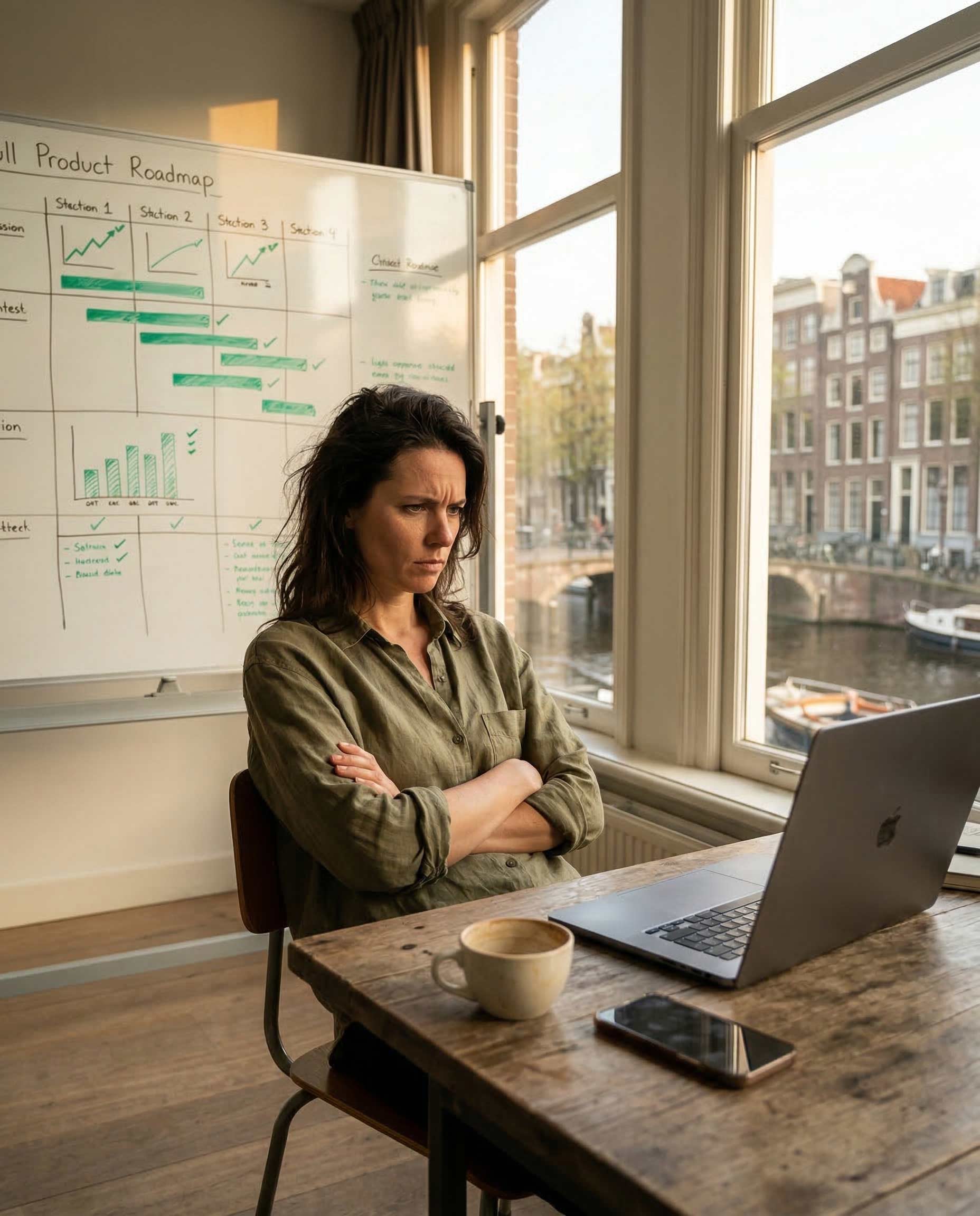 A founder at her desk, arms crossed, frustrated, a product roadmap on the whiteboard behind her
